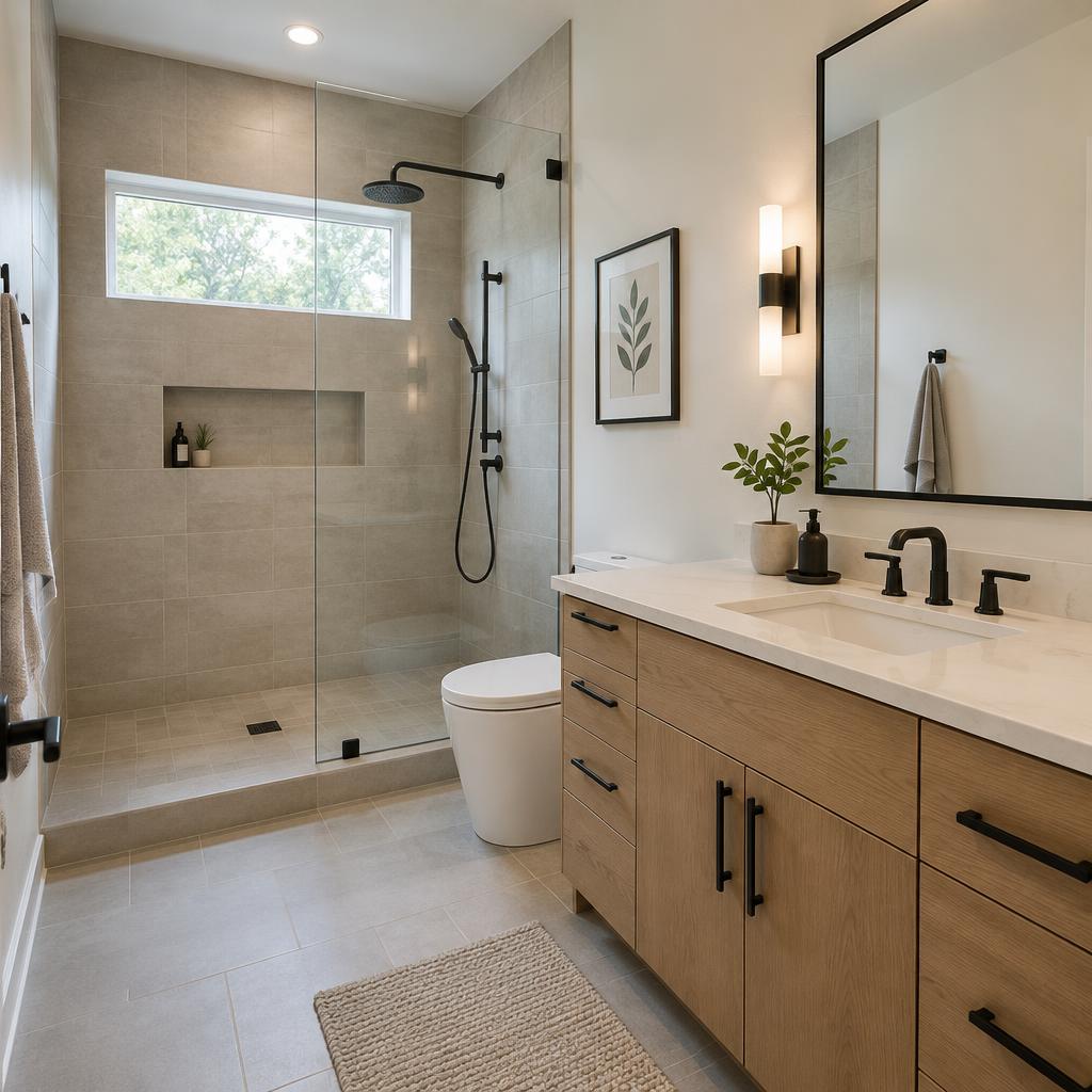 Remodeled bathroom with walk-in tiled shower and modern vanity
