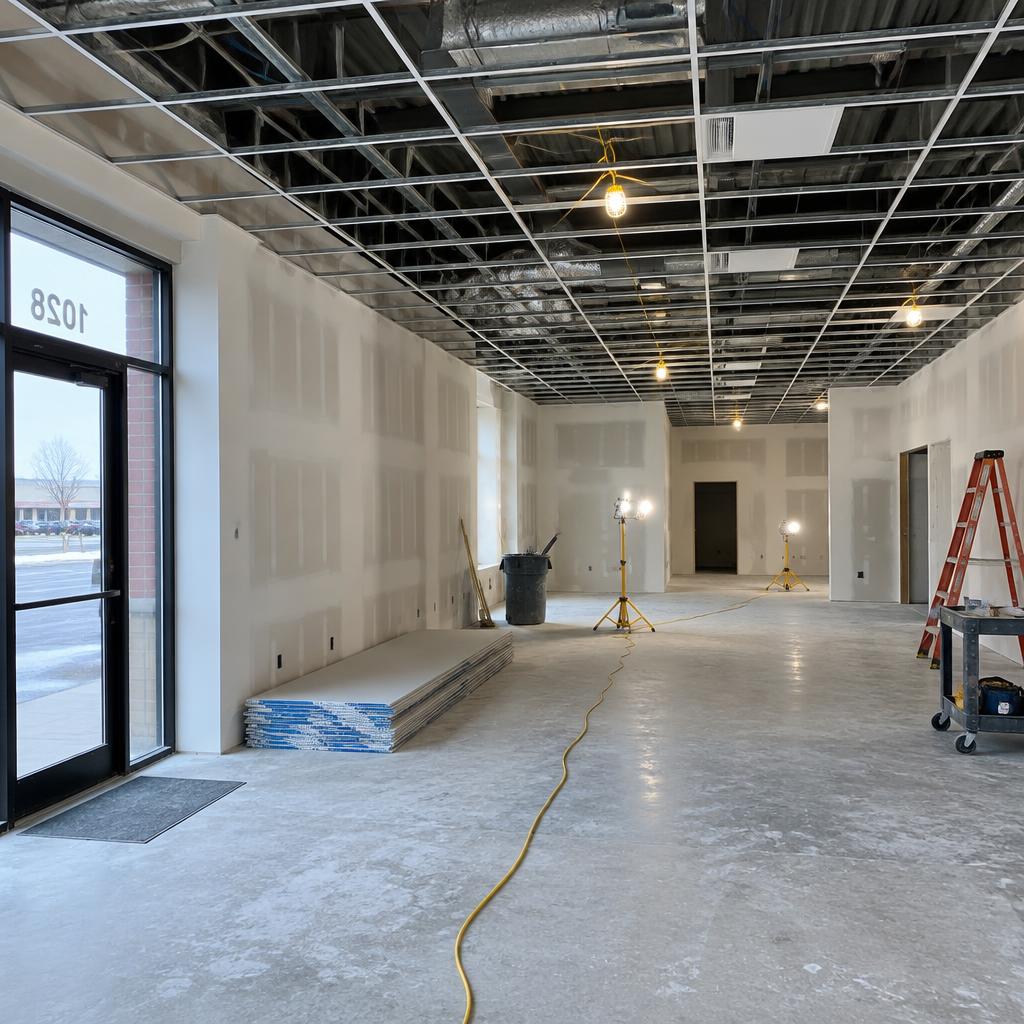 Commercial space under renovation with new drywall and exposed ceiling grid