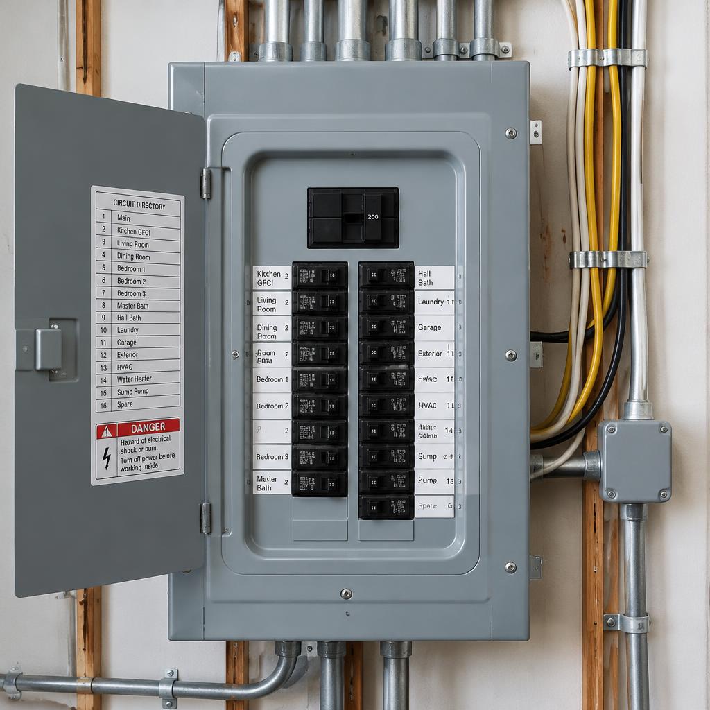 Neatly wired residential electrical panel with labeled breakers