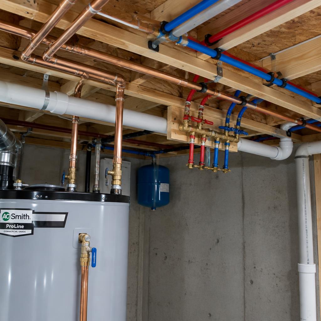 New copper and PEX plumbing runs with shutoff valves along basement joists